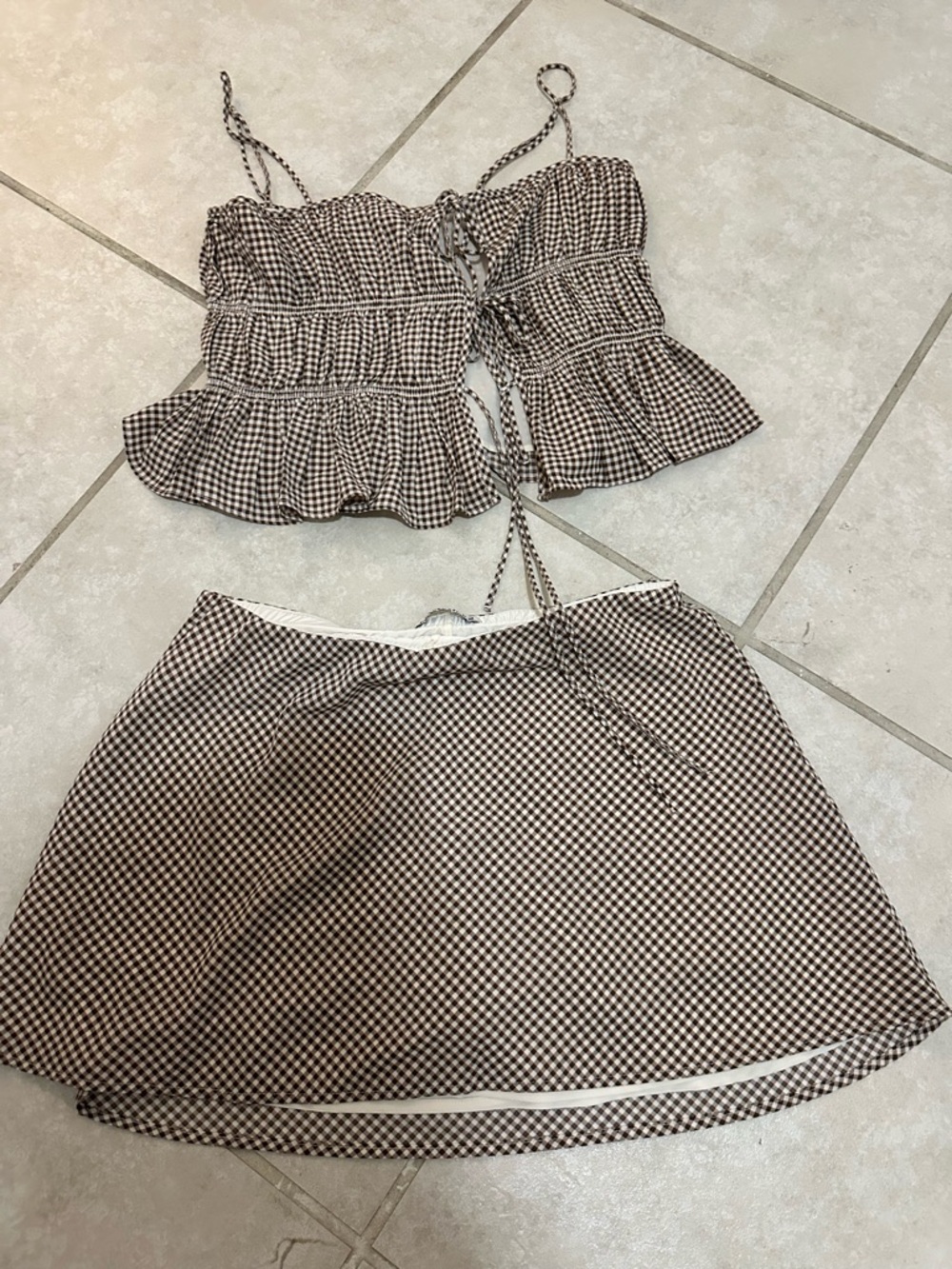 Abercrombie Gingham Two-Piece Crop Top & Skirt Set - Brown/White